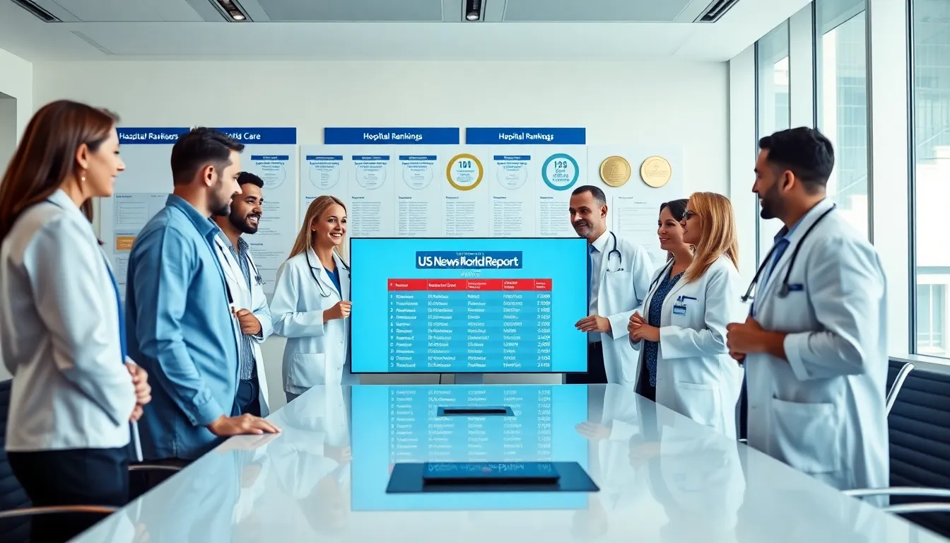 healthcare professionals reviewing hospital rankings in a modern office.