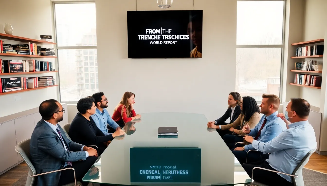 diverse team discussing at a modern conference table in an open office.