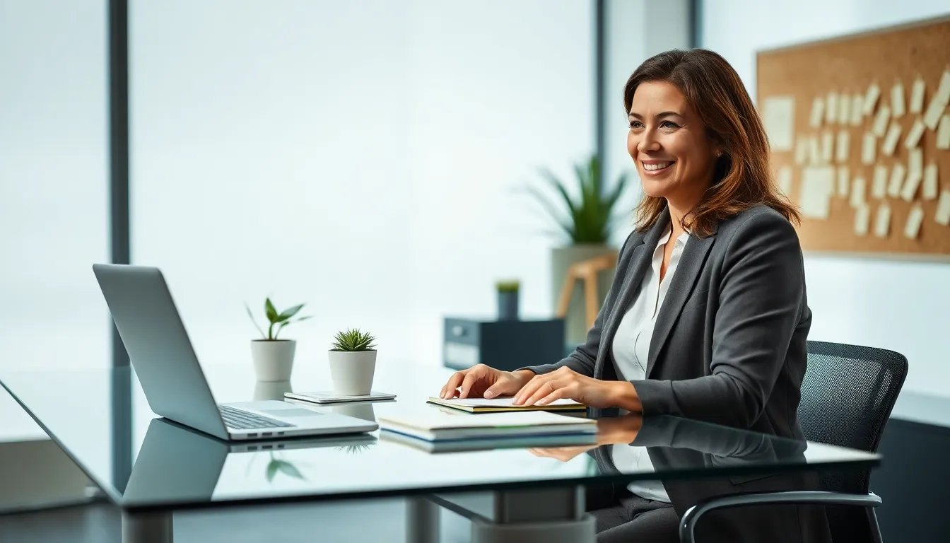 small business owner smiling during a video call in a modern office.